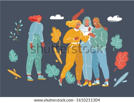 Cartoon vector illustration of young woman. Outsider of the crowd. Bullying, No friends concept.