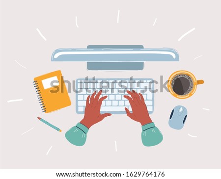 Cartoon vector illustration of workplace. Top view of working desk with a computer and typing hands on a keyboard. Cup of coffee, computer mouse, display, note and pencil. Working process.