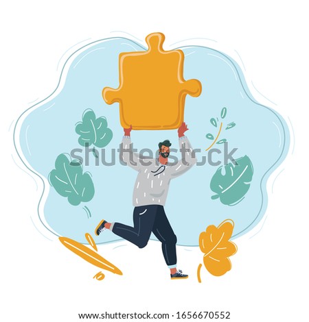 Cartoon vector illustration of man run with big puzzle in his hands.