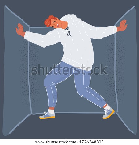 Cartoon vector illustration of man feels cramped in closed space. Small flat and isolated concept. Lack of opportunity, growth, glass ceiling.