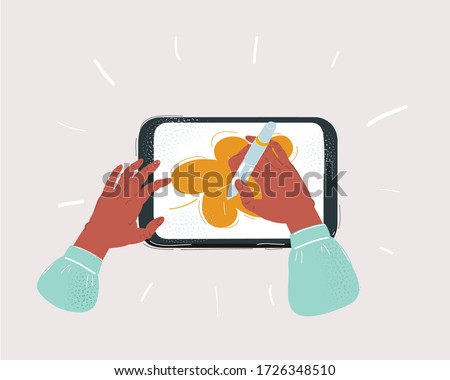 Cartoon vector illustration of Hands holding digital pen, stylus drawing on tablet on white background.