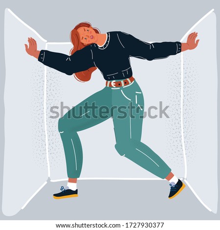 Cartoon vector illustration of young woman nervous when she standing inside cramped box.