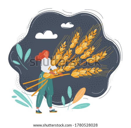 Funny woman agricultural worker character with harvest of golden wheat grain on dark peaceful background. Food safety and organic farming and healthy illustration.