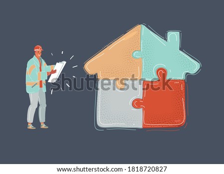 Cartoon vector illustration of builder man with blueprint building puzzle house on dark.