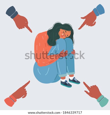 Cartoon vector illustration of Teenager student with fear at his school. Bullying of young woman girl on white background. People point they fingers at her.