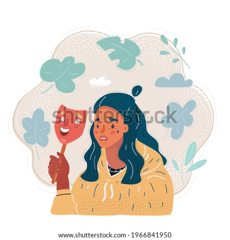 Cartoon vector illustration of young woman taking off happy mask revealing true sad face