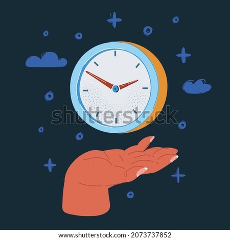 Cartoon vector illustration of Hands and clock on arm on dark background.