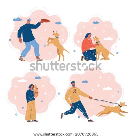 Cartoon vector illustration of people with a dogs. Walking, pla ing, hugging, running.