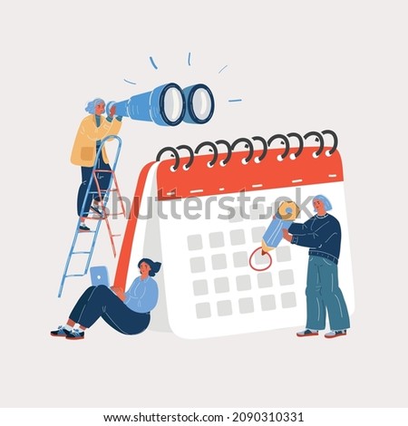 Cartoon vector illustration of team working together planning and scheduling their operations agenda on a big desk calendar. People get togerher for project. Character over dark backround.