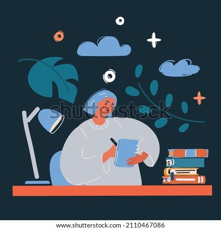 Cartoon vector illustration of woman writing diary. Write in her diary or journal over dark backround