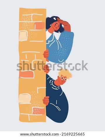 Cartoon vector illustration of man and woman hides behind the wall. Peeping person