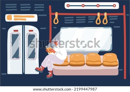 Vector cartoon illustration of young girl reading the book in train in metro.