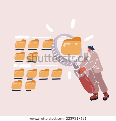 Cartoon vector illuatration of Woman holding big magnifying glass or loupe and looking for information in the database. Research concept. Optimization of finding files.