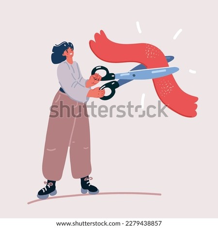 Cartoon vector illustration of New business venture Opening ceremonial big red ribbon cutting scissors in hands.