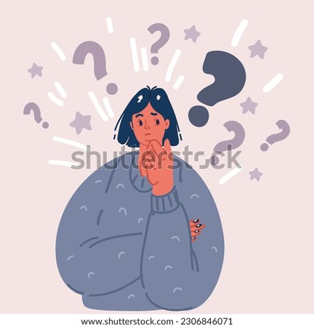 Cartoon vector illustration of Thinking girl. Beautiful face, doubts, problems, thoughts, emotions. Curious woman questioning, question mark.