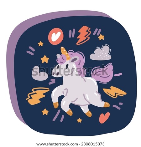 Cartoon vector illustration of Cute little unicorn fly over dark background