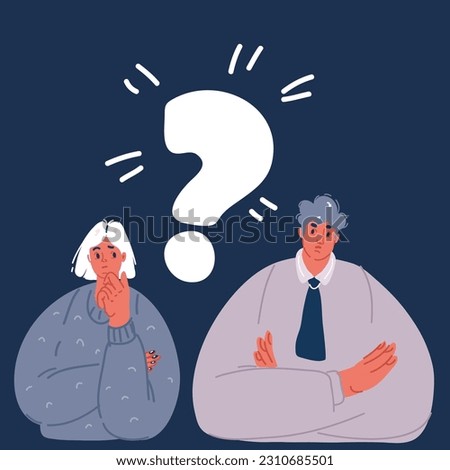 Cartoon vector illustration of Thinking young men and women. Puzzled and confused people with a question mark over dark background