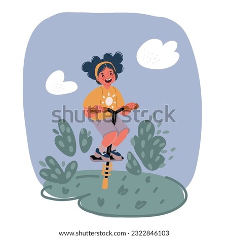 Cartoon vector illustration of Excited Girl Jumping on Pogo Stick Enjoying Outdoor Activity