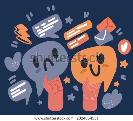 Vector cartoon illustration of hands holding Speech bubble smile face icons. Happy, sad, cry signs. Happy and sadness smiley chat symbol. Satisfied and unsatisfied feedbacks over dark background