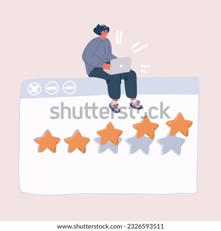 Cartoon vector illustration of woman with laptop are giving review rating and feedback. Customer choice. Rank stars feedback in browser windows