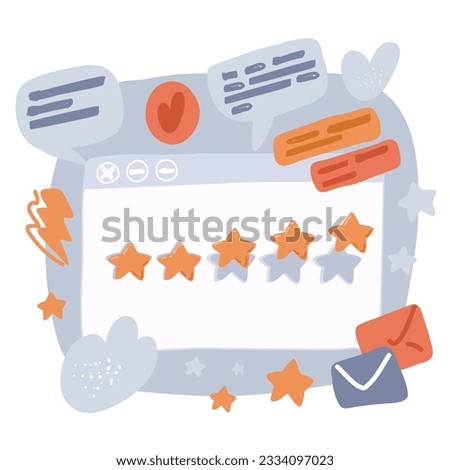 Vector illustration of Customer review satisfaction feedback in browser, five star rating. Best ranking service quality satisfaction, 5 score rate.