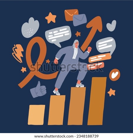 Vector cartoon illustration of Successfully woman going from one education level to another. Girl steps up stairs over dark background