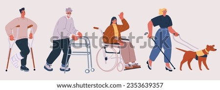 Cartoon vector illustration of people with disability, therapy, reabilitation. Man on crunch, woman in wheelchcair, Oldman elderly man using walking frame, blind woman walking with guide-dog