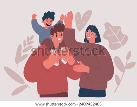 Cartoon vector illustration of Little Son Perched On Dad's Shoulders and mother giving five to son. Loving Family Characters Fun.