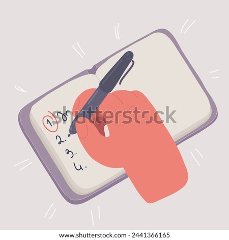 Cartoon vector illustration of hands holding pen and writing down goals to achieve in notepad or making To Do List. Top view. Effective personal planning and organization.