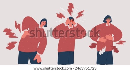 Cartoon vector illustration of woman with body pain in different part. Head, back, and stomack. Pms concept.