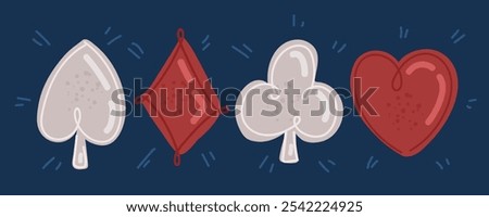 Cartoon vector illustration of Cart suit set. Clubs, hearts, diamonds, spades over dark backround