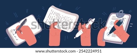 Cartoon vector illustration of Hands hold contract pen, signature, clipboard and checkbox, planner and aims inside over dark backround