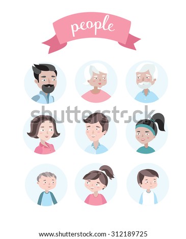 Vector people faces different ages icon set and word People on pink ribbon on white isolated background