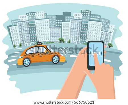 picture of a taxi cab, mobile phone with map and big city on background, taxi service concept, flat style illustration