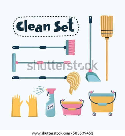 Vector cartoon funny illustration of Cleaning Set. Mop, shovel, broom, bucket floor,  pulverize, rubber gloves, brush long-handled. Isolated object