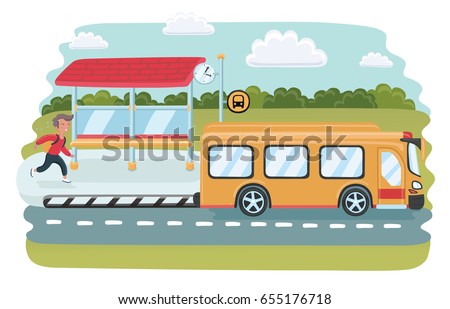 Vector cartoon illustration of school boy arriving too late at bus stop. Summer landscape background