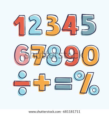 Vector cartoon set o of color hand drawn outline numbers, division, exclamation point, multiplication, percent, equals, minus