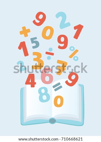 Vector cartoon illustration of drawing of book with hand drawn numbers, division, exclamation point, multiplication, percent, equals, minus