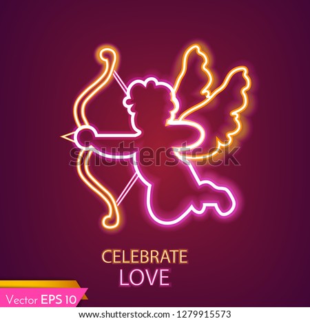 Cupid card neon light Vector realistic. Valentine day cupid lovely symbol