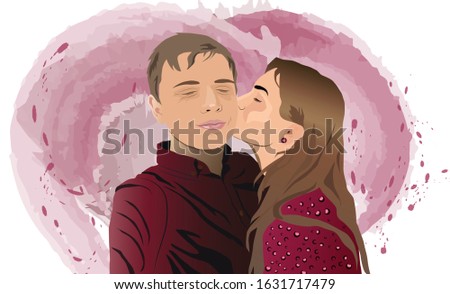 Young girl kissing his boyfriend on the cheek. Colorful drawing on background