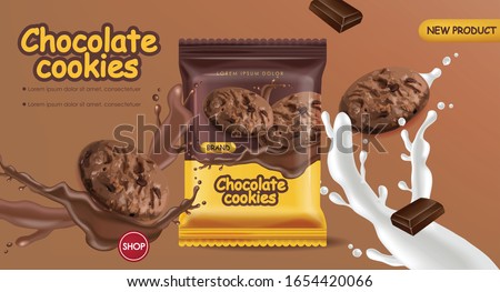 Chocolate cookies vector realistic mock up. Declious dessert falling cookies with chocolate and milk splash. 3d detailed product packages