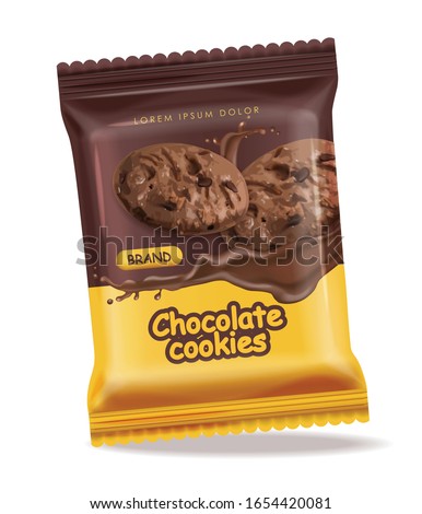 Chocolate cookies isolated vector realistic mock up. Declious dessert falling cookies with chocolate splash. 3d detailed product packages