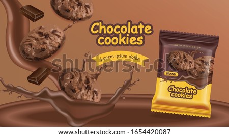 Chocolate cookies vector realistic mock up. Declious dessert falling cookies with chocolate splash. 3d detailed product package. label advertise packs