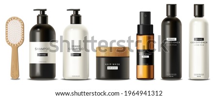 Hair care set cosmetics vector realistic. Shampoo, oil, butter and conditioner. Product placement mock up