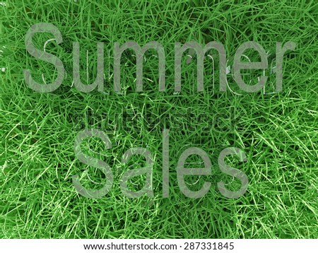 Summer sale Glass text with Green Grass background. Sale banner poster.Three dimensional render