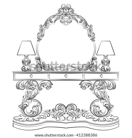Glamorous Fabulous Baroque Rococo Console Table and Mirror frame set. Vector French Luxury rich carved ornaments furniture and Wall lamps. Victorian wealthy Style furniture