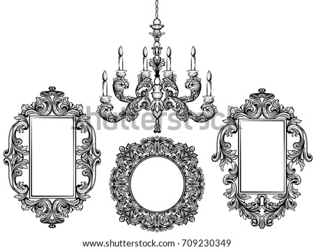 Baroque Chandelier And Mirror Frames Detailed Rich Ornament Vector Illustration Graphic Line Art Baroque Chandelier And Mirror Frames Detailed Rich Ornament Vector Illustration Graphic Line Art