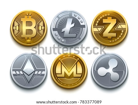 Digital vector cryptocurrency set icons. Bitcoin, Ethereum, Litecoin, Monero, Ripple, Zcash detailed coins