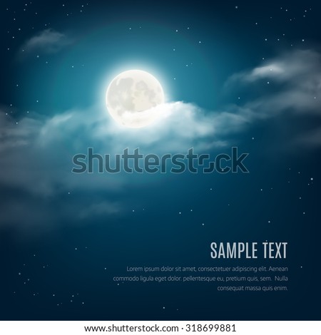 Night sky background, cloudy sky with the shining stars and moon. Vector illustration