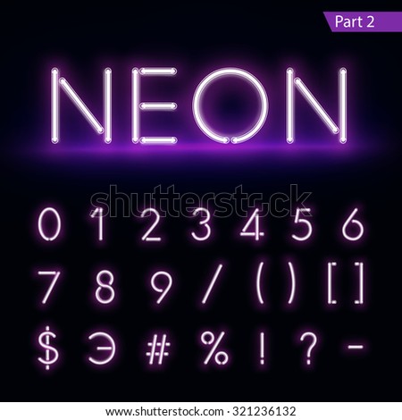 Realistic neon alphabet. Purple, blue glowing font. Vector format part 2